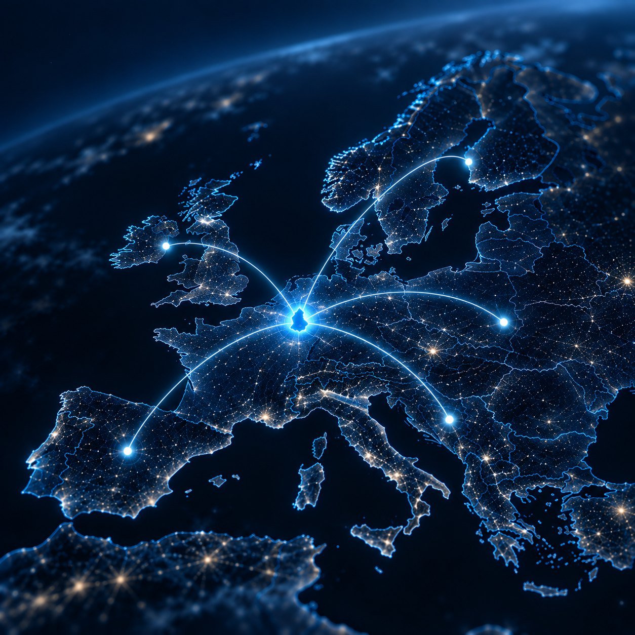 Night map of Europe with glowing connections radiating from Luxembourg