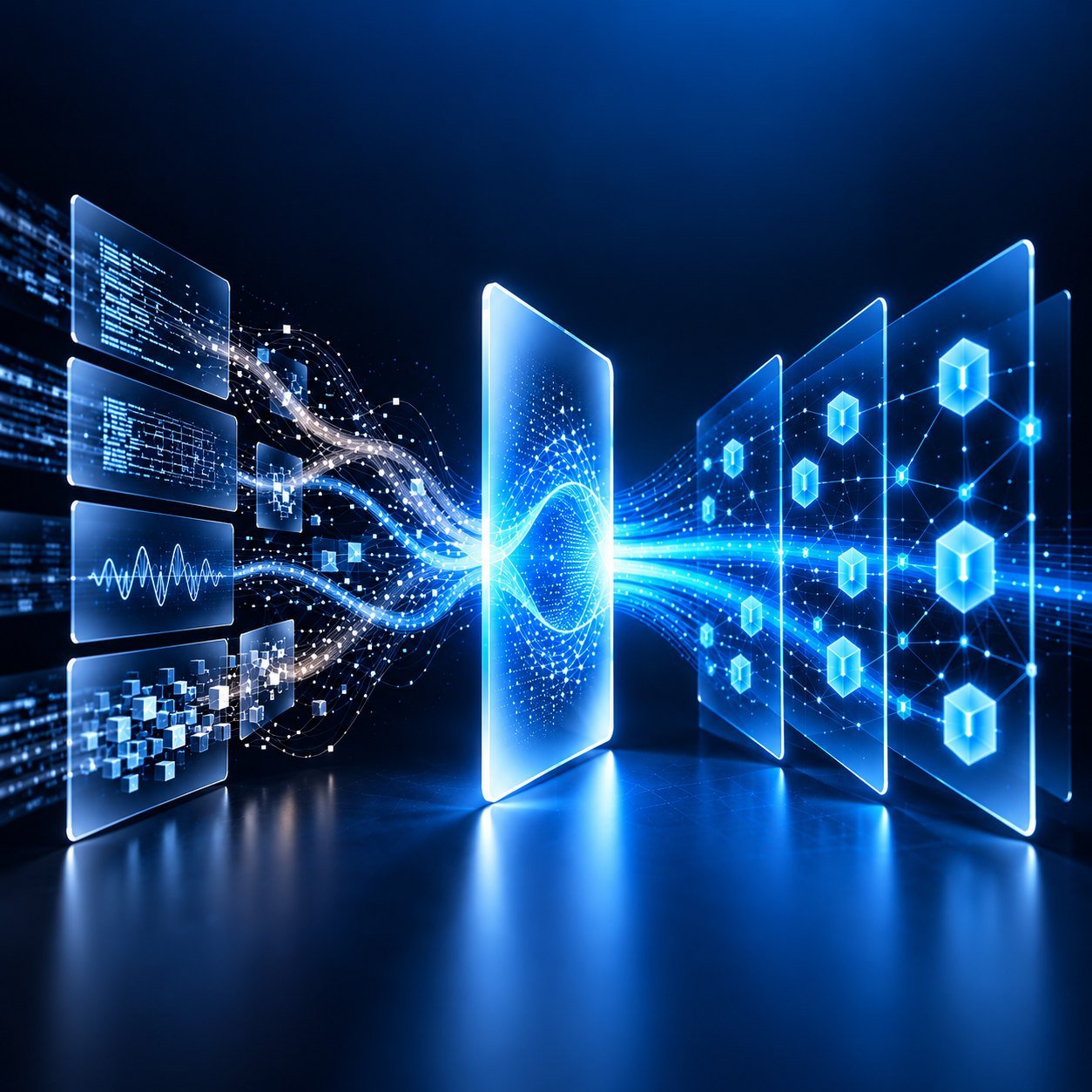 Data flowing through glowing panels toward quantum-safe security