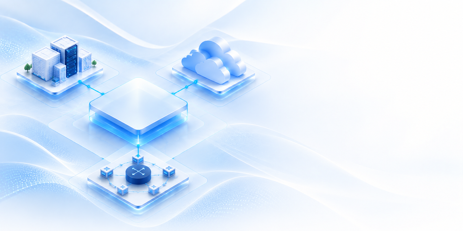 Isometric illustration of on-premises infrastructure, cloud and network connected through LuxSQS
