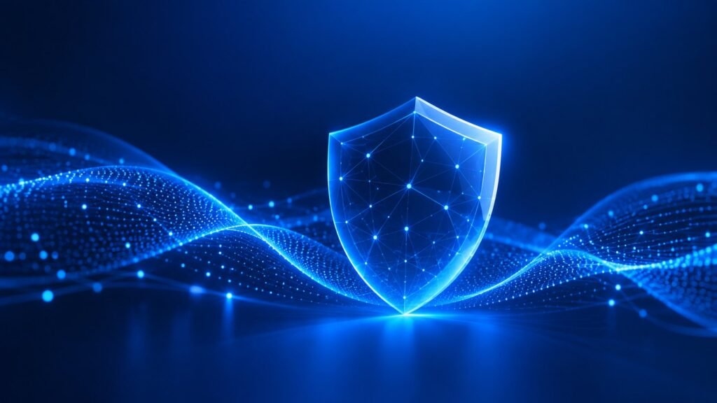 Glowing blue digital shield over a wave of light particles
