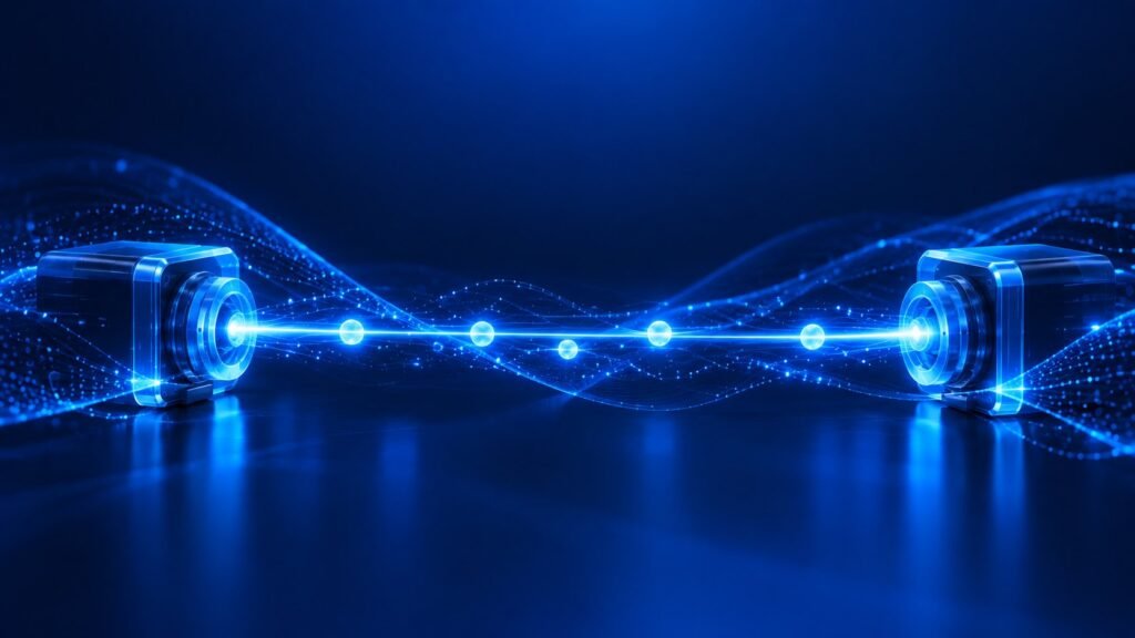 Two quantum devices linked by a glowing beam of light particles