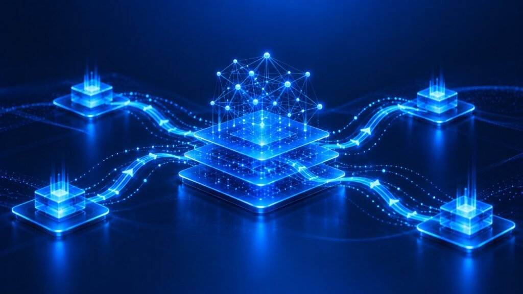Central AI network hub connected to surrounding system nodes by glowing data streams